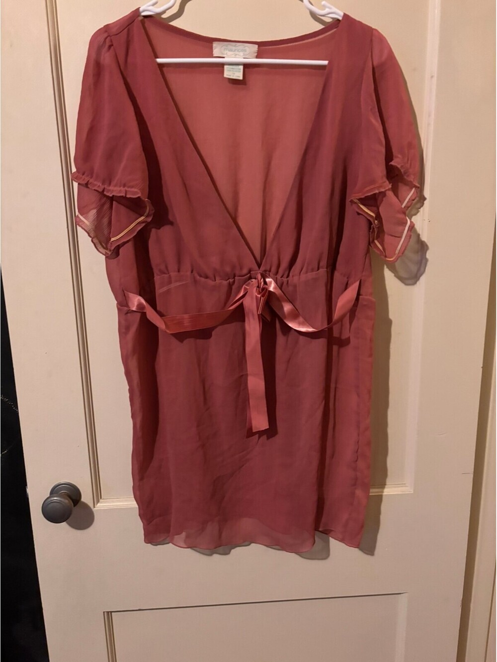 Maurices Sheer Dusty Rose Top with Satin Ribbon Tie